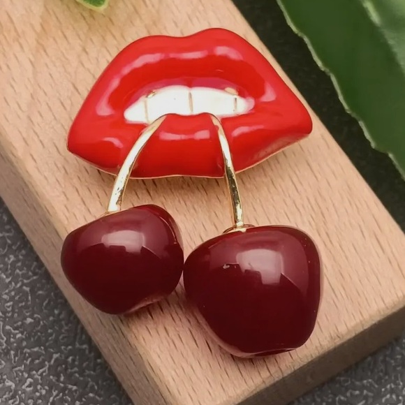Jewelry - Red Lip and Cherry Mouth Biting Enamel Brooch NWT